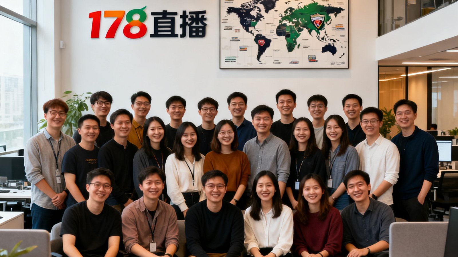 178直播深圳研发中心团队合影，47名员工在现代开放式办公室中微笑面对镜头，背景墙上挂着公司logo和覆盖全球联赛的地图装饰画