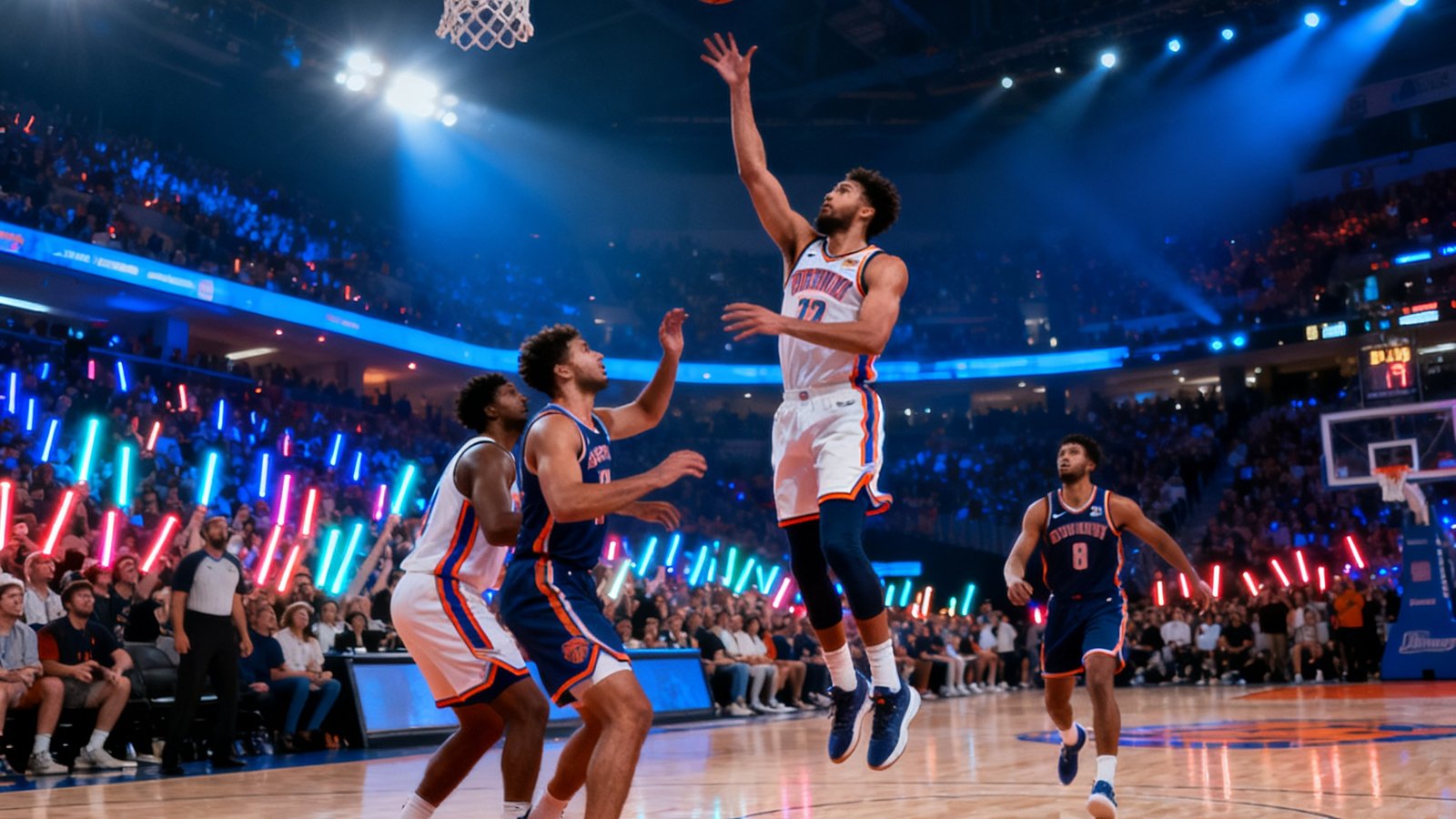 NBA季后赛西部决赛精彩瞬间，两支球队激烈对抗，篮球在空中划出弧线，场馆灯光璀璨观众席座无虚席